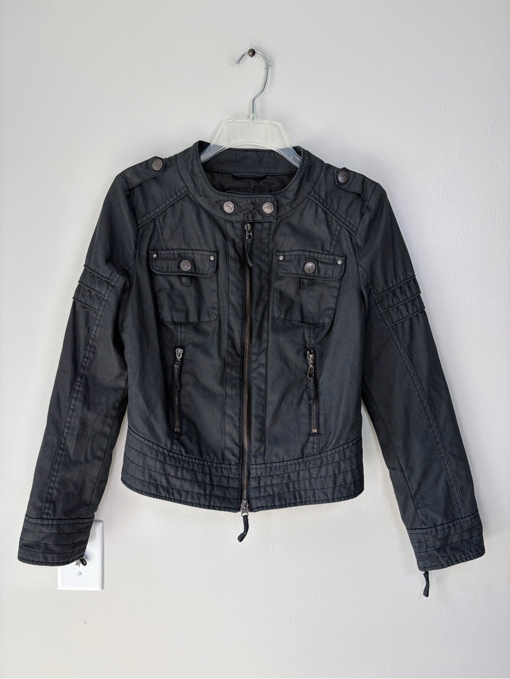 Blanc Noir Black Faux Leather Waxed Cotton Utility Moto Jacket Layering Edgy